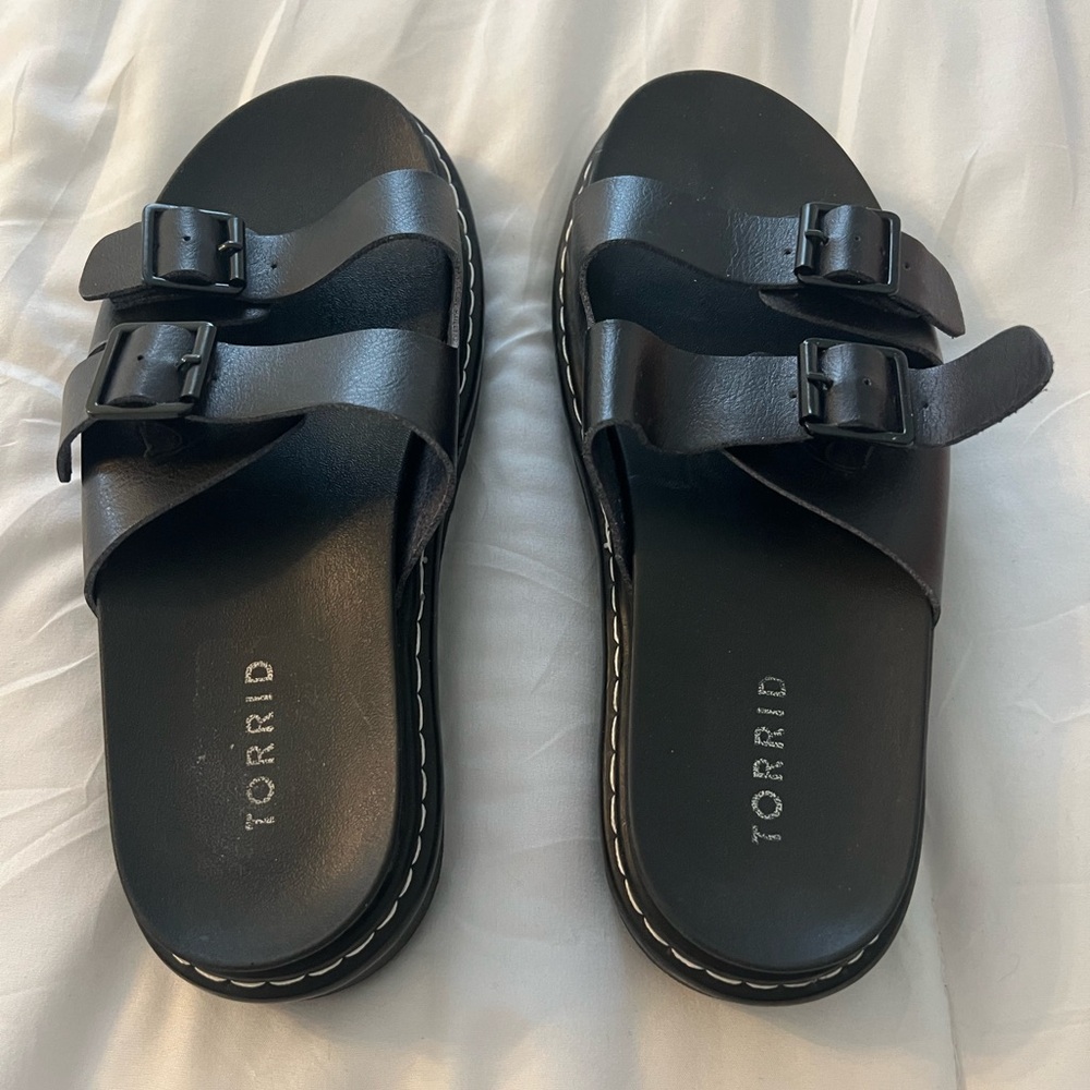 torrid Black Double-Buckle Slide Sandals with White Stitching
